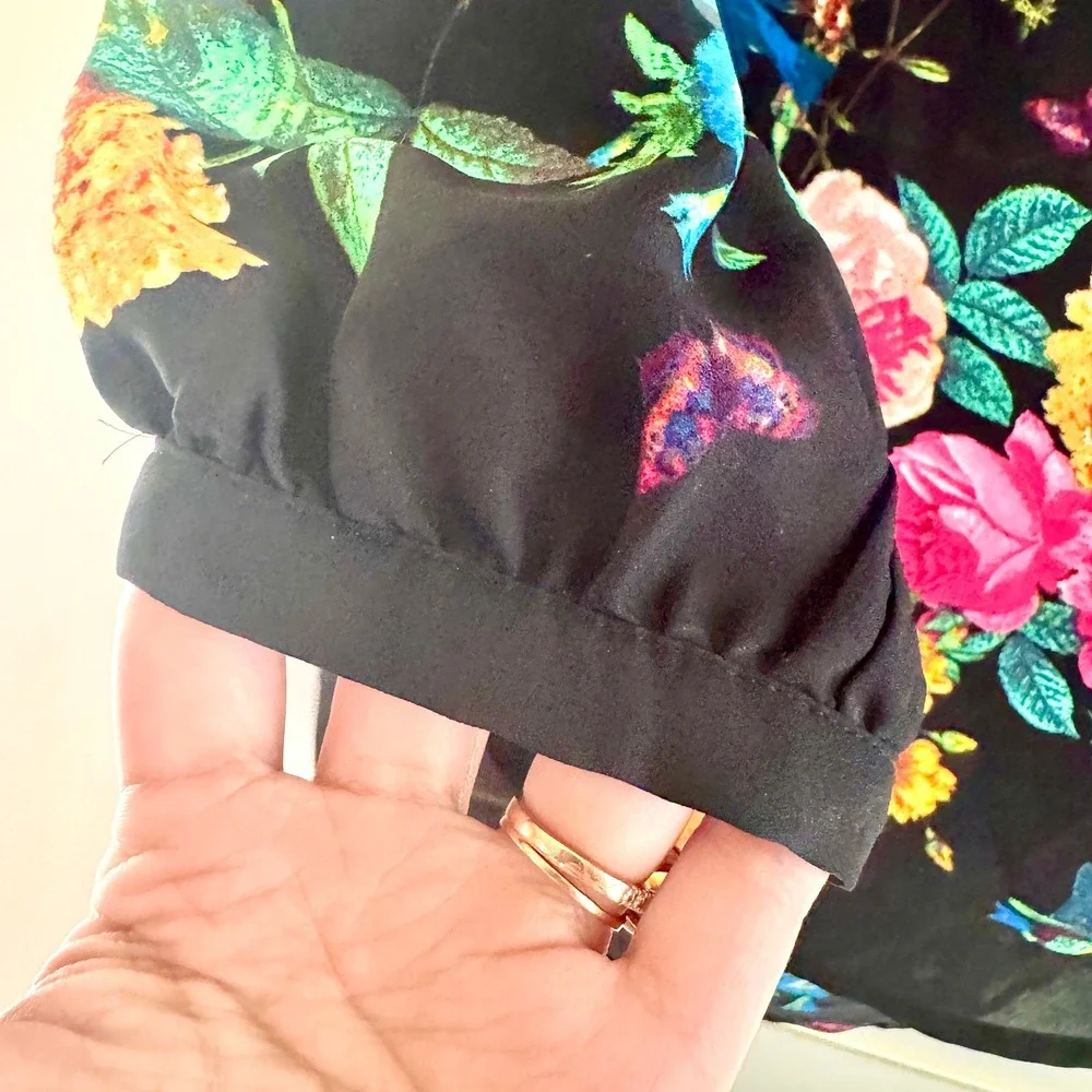 Meraki Floral Butterfly Birds Draped Open Back Blouse Black Large Cottage Whimsy